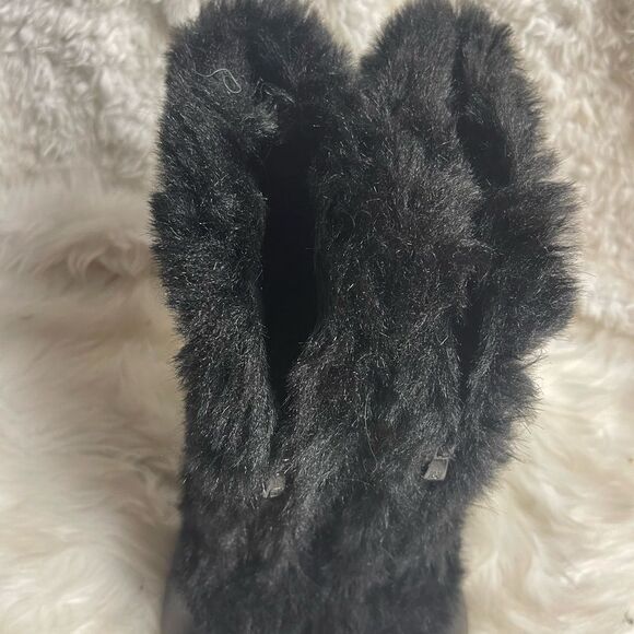 Ashro synthetic black mid calf boots  faux fur trim front zipper 3”heels SZ11W - Picture 11 of 16